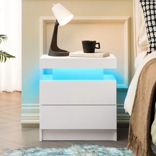 REDOM Nachtkastje van MDF-hout met 2 lades, open vak en verstelbare LED-verlichting, wit, modern design