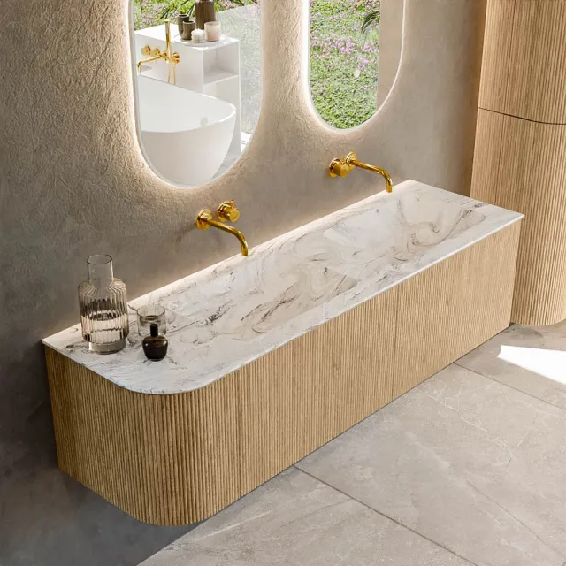 Mondiaz KURVE-DLUX 155 cm Onderkast Greeploos 2 Lades Met Deuren Oak, Wastafel Solid Surface Rechts Glace 0 Kraangaten Zonder Spiegel (KRVLEA155L2L1D0KD-Oak/Gla)