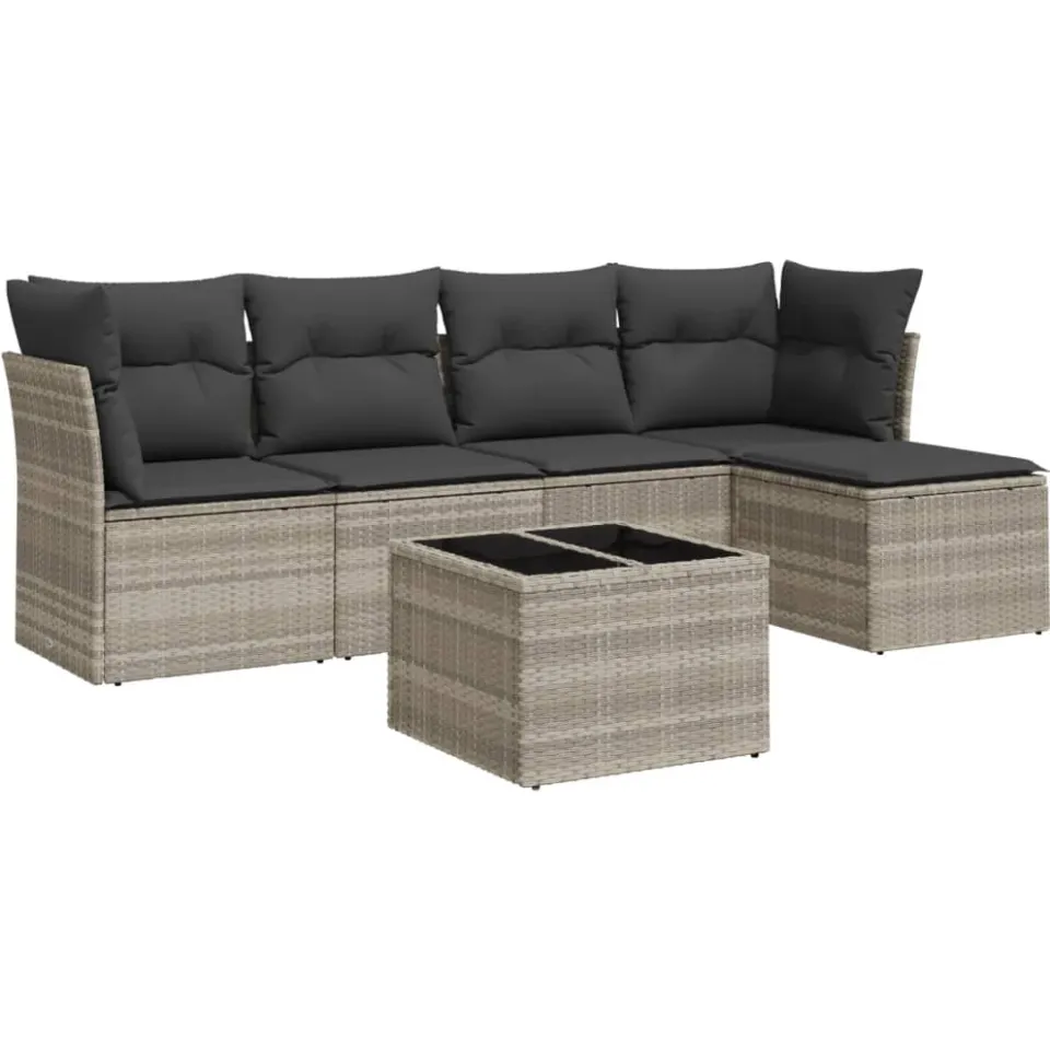 vidaXL 6-delige Loungeset met kussens poly rattan lichtgrijs grijs