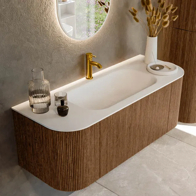 Mondiaz KURVE 120 cm Onderkast Greeploos 1 Lade Met Deuren Walnut, Wastafel Solid Surface Midden Talc 1 Kraangat Zonder Spiegel (KRVBGS120L+R1L2D1KM-Wal/Tal)