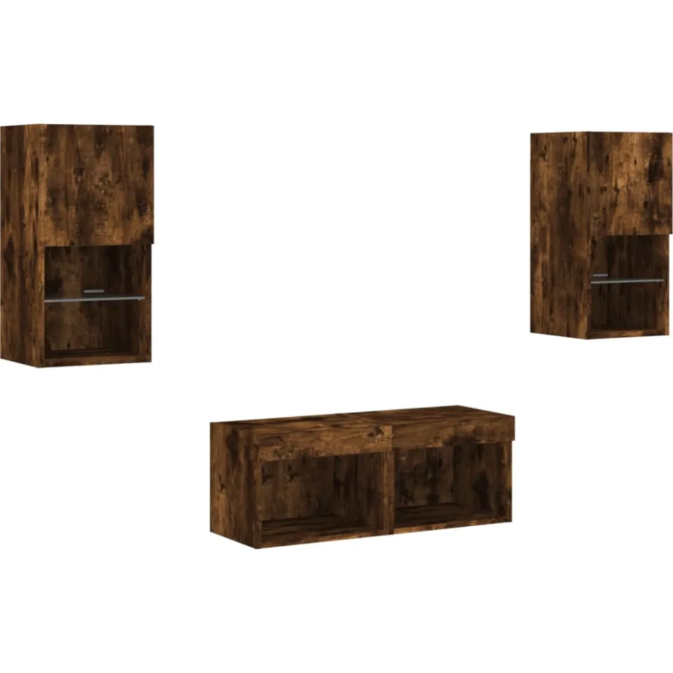 vidaXL 4-delige tv-wandmeubelset met LED-verlichting gerookt eiken Bruin