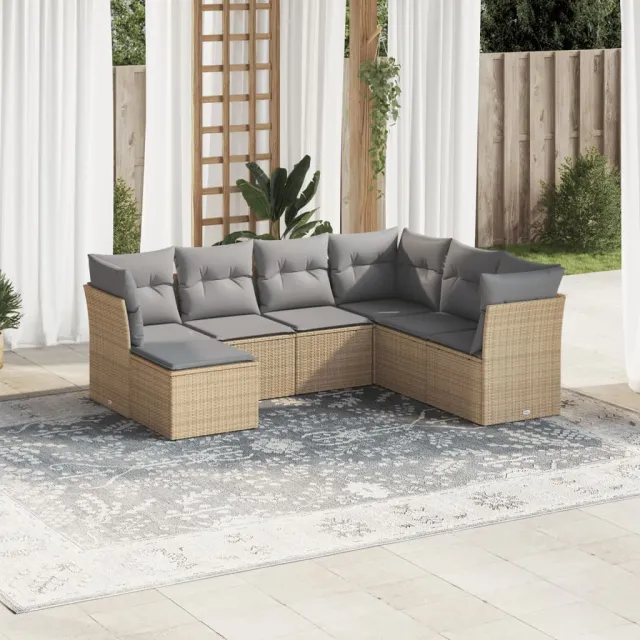 vidaXL 7-delige Loungeset met kussens poly rattan beige, foto 2