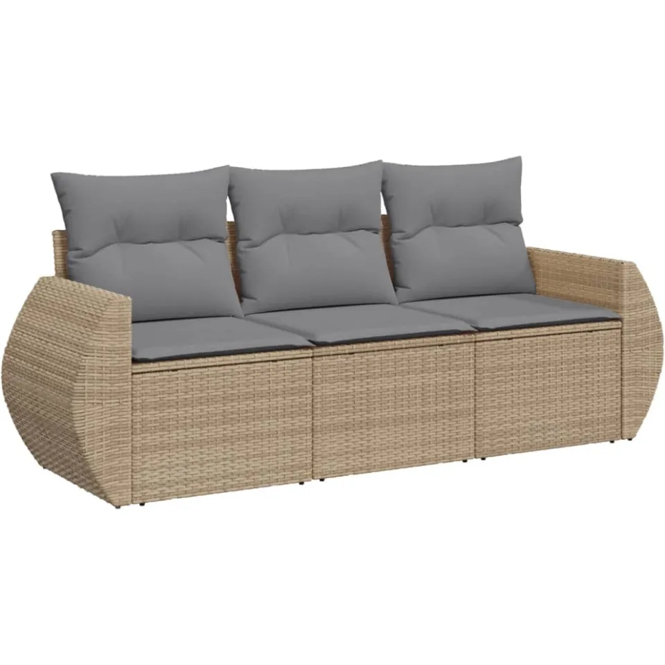 vidaXL 3-delige Loungeset met kussens poly rattan beige, foto 3