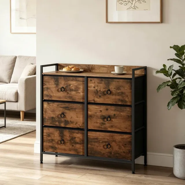 HAUSS SPOLE Dressoir - Ladekast Met 6 Lades En Anti Kantelbeveiliging - Voor Hal Woonkamer En Slaapkamer - Bruin Zwart - 80x29x78 Cm