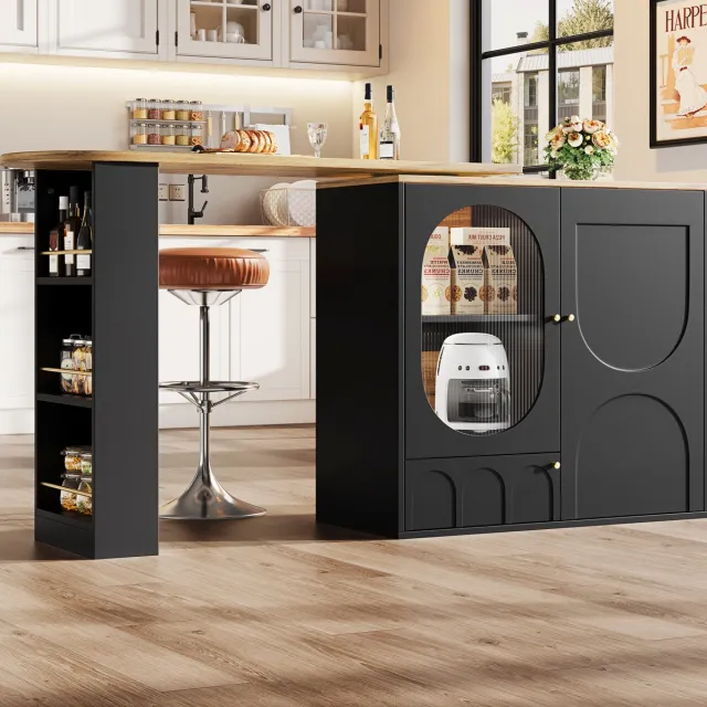 MEUNIQ bartafel 138 x 39 x 105 cm met 360° draaibaar en uitbreidbaar tafelblad, keukenisland met 3 deuren, opbergruimte en glazen deur voor keuken of woonkamer Zwart