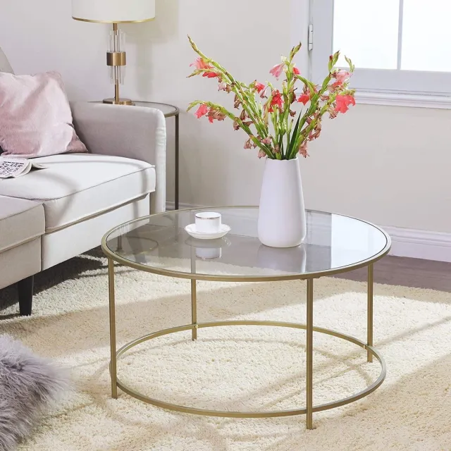 LUXGOODS® Salontafel rond- glazen tafel met gouden stalen frame -84 x 84 x 45.5 - woonkamertafel, sofa- tafel, robuust gehard glas, stabiel, decoratief, goud