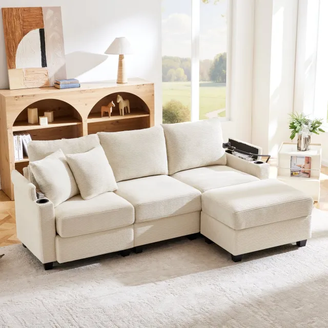 MODFU Hoekbank - Met Hocker En USB-Aansluiting - Flexibele Opstelling - Voor Woonkamer Of Kantoor - Ribstof - Beige