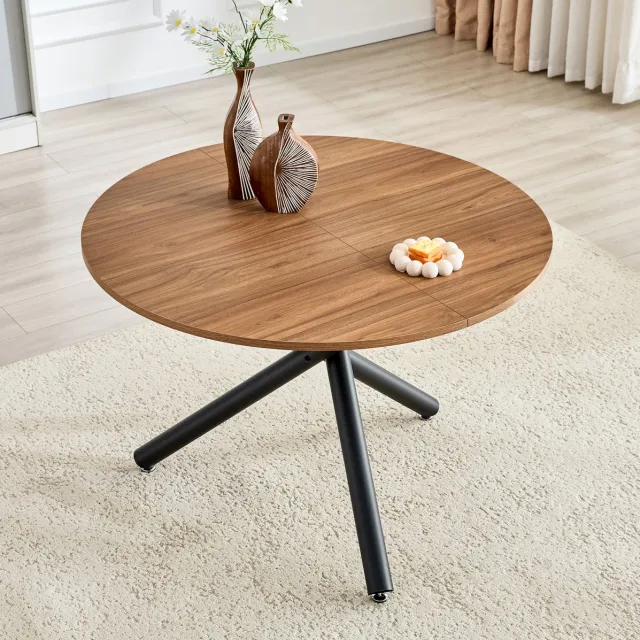 MODENUIT Tafel - Ronde Eettafel Met Driepoot Onderstel - Voor Woonkamer En Eetkamer - MDF En Metaal - Zwart En Walnoot - 110 Cm
