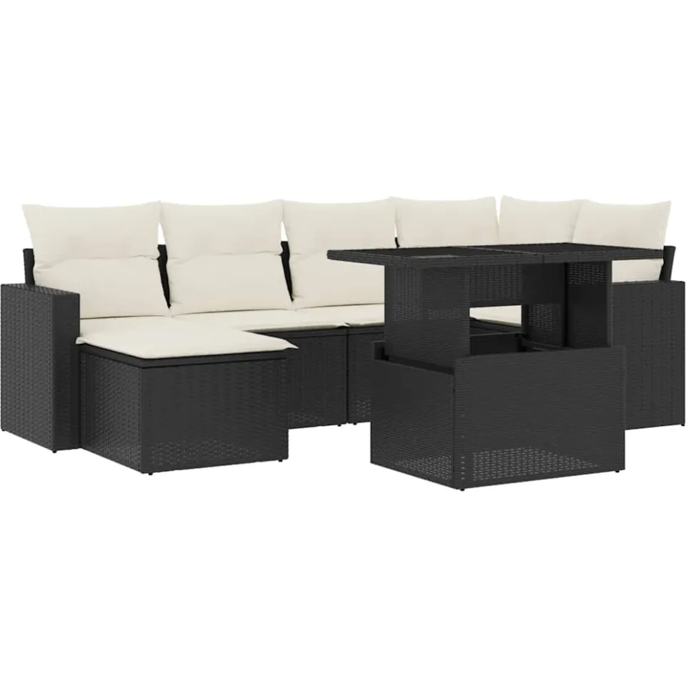vidaXL 7-delige Loungeset met kussens poly rattan zwart