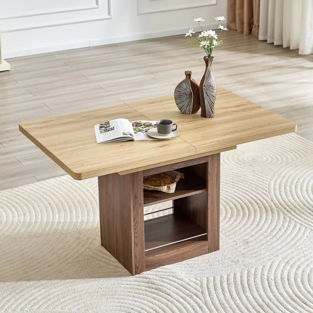 FloraGrace Eettafel - Uitschuifbaar Met Opbergruimte - Voor 4 Tot 8 Personen - MDF - 130x80 Tot 160x80 cm - Naturel Walnoot Eiken