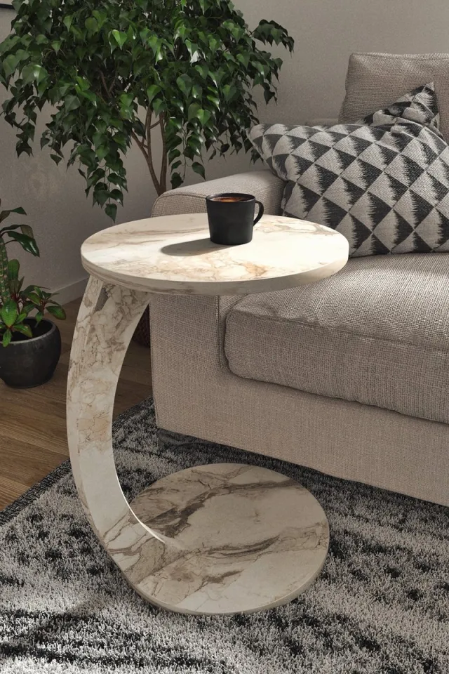 Intergas C-tafel op Wielen - Salontafel - Bijzettafel - Servicetafel - Nesttafel - Wit/Marmer - 38 x 56 cm