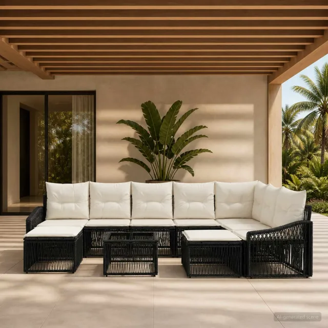 vidaXL Tuinbankenset 10 st 9-zits Zwart poly rattan, foto 2