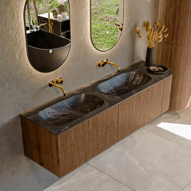 Mondiaz KURVE-DLUX 165 cm Onderkast Greeploos 2 Lades Met Deuren Walnut, Wastafel Solid Surface Links Lava 0 Kraangaten Zonder Spiegel (KRVSTS165R2L1D0KD-Wal/Lav)
