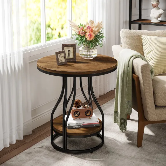 Questyr Ronde Bijzettafel – 2‑Laags – Bruin/Zwart – Moderne Houten Bijzettafel met Opbergplank – Nachtkastje & Banktafel zwart / donkerbruin