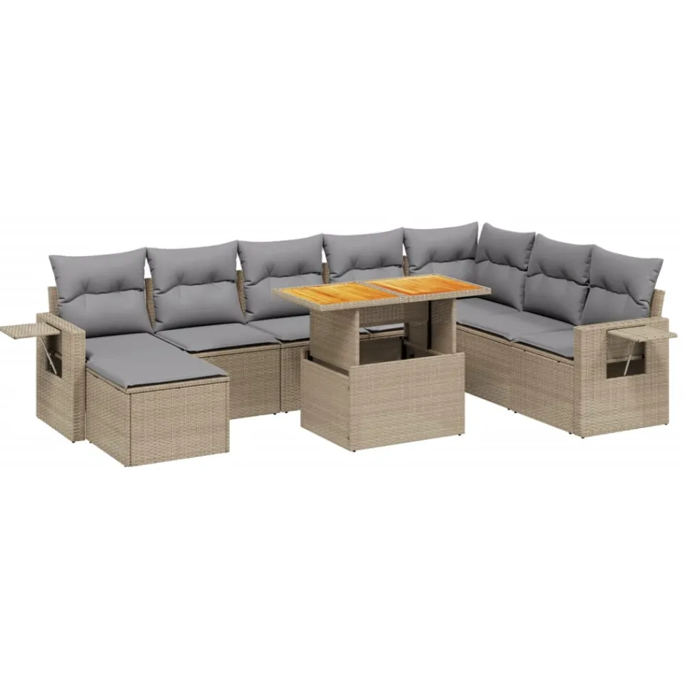 vidaXL 9-delige Loungeset met kussens poly rattan beige