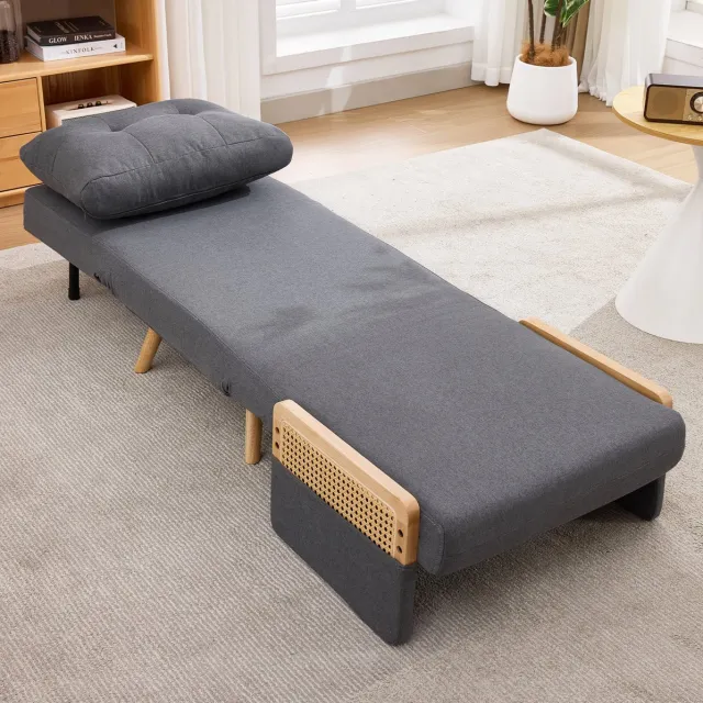 MEUNIQ 3-in-1 slaapfauteuil grijs, uitklapbare relaxfauteuil met 5-voudig verstelbare rugleuning, Rattan armleuningen en houten poten voor woonkamer of logeerkamer