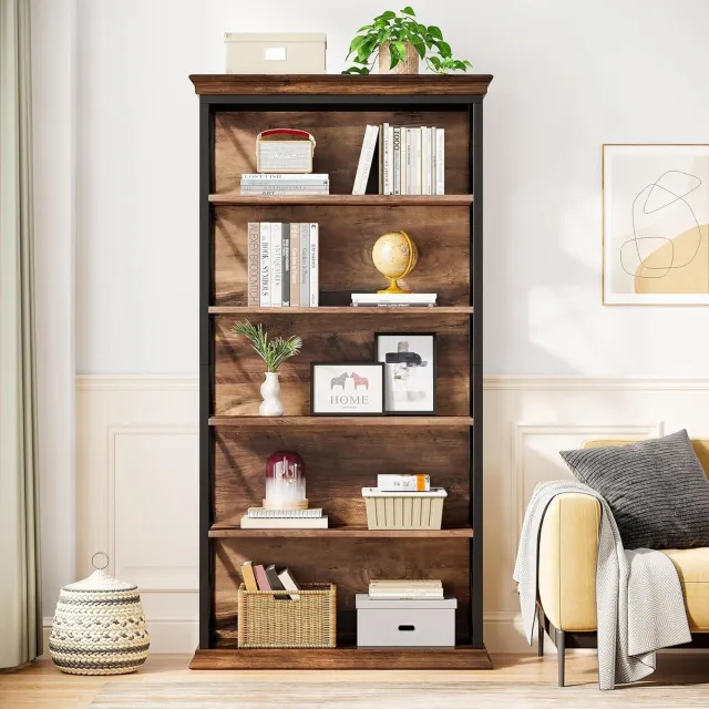 House&Garde Boekenkast industrieel 180 cm hoog – House&Garden Open Boekenkast met 6 planken & metalen frame – Stabiel staand rek voor woonkamer & kantoor – Vintage bruin zwart design opbergkast Vintage bruin / zwart