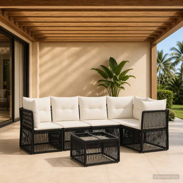 vidaXL Tuinbankenset 6 st 5-zits Zwart poly rattan, foto 2
