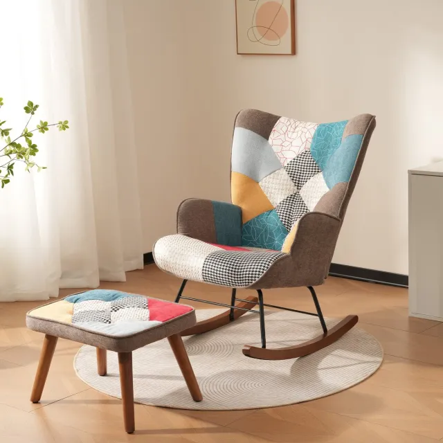 DESMIU Schommelstoel - 69,5 X 50 X 88,5 Cm - Met Hocker En Armleuningen - Voor Woonkamer En Ontspanningshoek - Stof Hout Metaal - Kleurrijk Meerkleurig