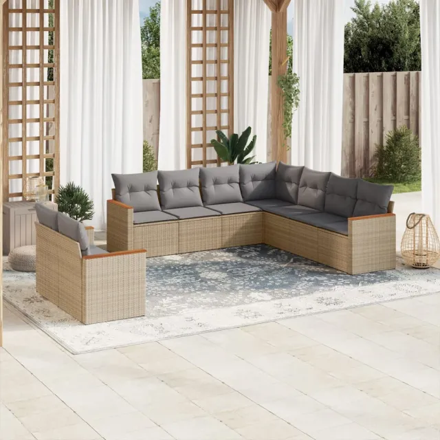 vidaXL 9-delige Loungeset met kussens poly rattan beige, foto 2