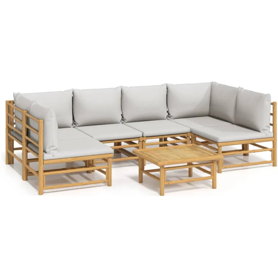vidaXL 7-delige Loungeset met lichtgrijze kussens bamboe Bruin