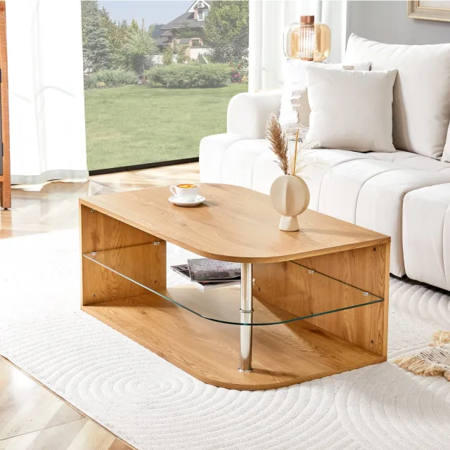 MODENUIT Salontafel - Met Opbergruimte En Glazen Legplank - Voor Woonkamer En Werkkamer - MDF Naturel - 100x60x42 Cm