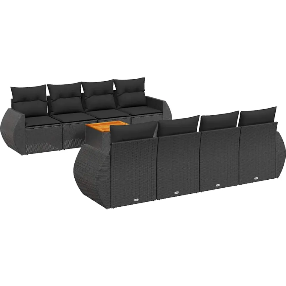 vidaXL 9-delige Loungeset met kussens poly rattan zwart