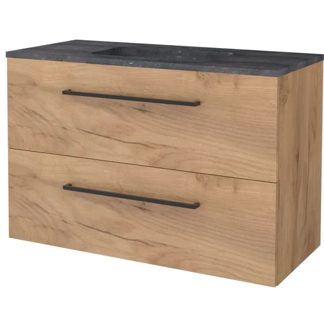 Boss & Wessing Badmeubelset BWS Salt 100x46cm Met Grepen 2 Lades Met Wastafel Hardsteen 1 Kraangat Whisky Oak Bruin
