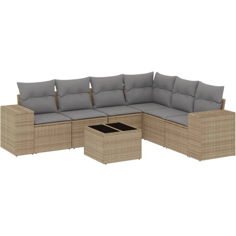 vidaXL 7-delige Loungeset met kussens poly rattan beige, foto 3
