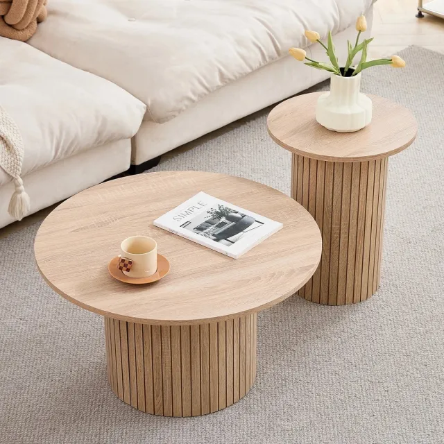 Smyl. Salontafel Rond - Salon Tafel set van 2 - Hout - Scandinavische Stijl Licht bruin