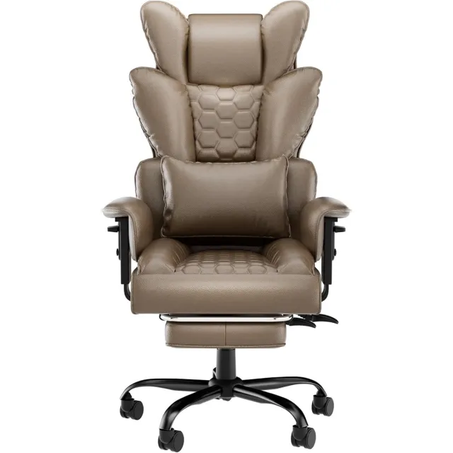 Hoofdsteun Kantoorkantoorsstoel PU-Leer Rugleuning Schuimstoelzit Voetensteun & Wielen Stalen Frame 126-136 cm Hoogteverstelbaar Thuis & Kantoor Kruk Khaki NAIZY