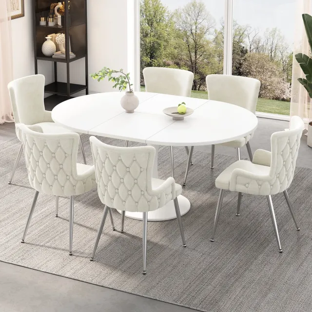 MODFU Eetkamerstoelenset - Fluwelen Bekleding - Moderne Stijl - Voor Eetkamer Of Woonkamer - Metaal - Beige En Zilver - 6 Stuks