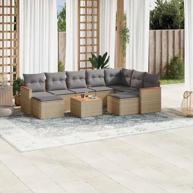 vidaXL 10-delige Loungeset met kussens poly rattan beige, foto 2