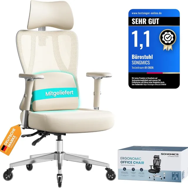 Songmics Ergonomische bureaustoel - gamingstoel premium bureaustoel - verstelbare lendensteun en hoofdsteun - voor verschillende lengtes - tot 150 kg - beige / offwhite