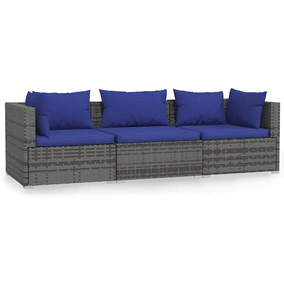 vidaXL Tuinbank 3-zits met kussens poly rattan grijs, foto 3