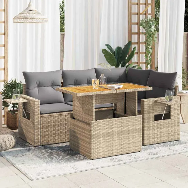 vidaXL 5-delige Loungeset met kussens poly rattan beige, foto 2