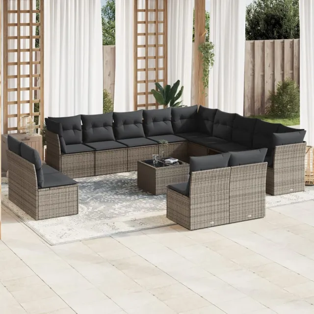 vidaXL 14-delige Loungeset met kussens poly rattan grijs