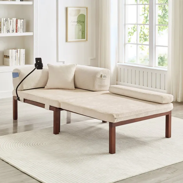 MEUNIQ Slaapbank 1-zits 176 x 81 x 64 cm uitklapbaar slaapgedeelte met houtframe, beige, voor slaapkamer, werkkamer of woonkamer