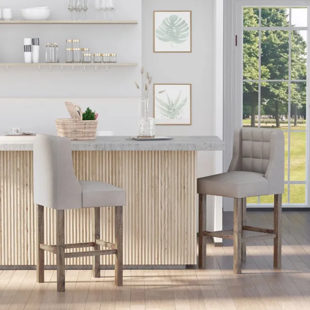 OKWISH Barkruk Set van 2 47 x 50 x 101 cm - Met Rugleuning, Knoopstiksel & Voetsteun - Voor Keukenbar of Huisbar - Hout - Beige en Naturel