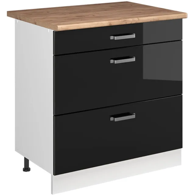 Vicco Keukenonderkast R-Line, Zwart hoogglans/Wit, 80 cm met 3 laden goudkleurig eiken werkblad