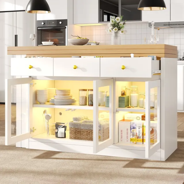MODENUIT Uitrekbare Keukentafel – LED-verlichting – 120-200 cm – MDF en Metaal – Wit – 3 Lades en Glazen Deuren
