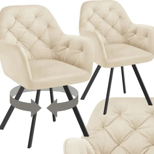 Tectake Draaistoel Fluweellook – Eetkamerstoel met Armleuningen – Ergonomische Zitting en Rugleuning – 180° Draaibaar – Moderne Stalen Poten – Set van 2 – Crème creme
