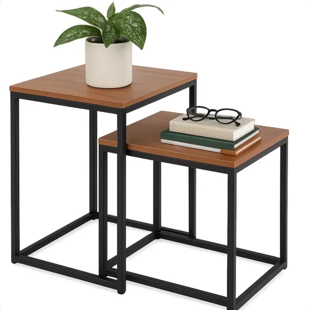 Lomera Bijzettafels Set van 2 - Industrieel Design - Gepoedercoat Metaal - MDF Tafelblad - Zwart Metalen Frame - Ruimtebesparend - Nesttafels - Woonkamer Bijzettafel - Verstelbare Poten - Compact Ontwerp nvt