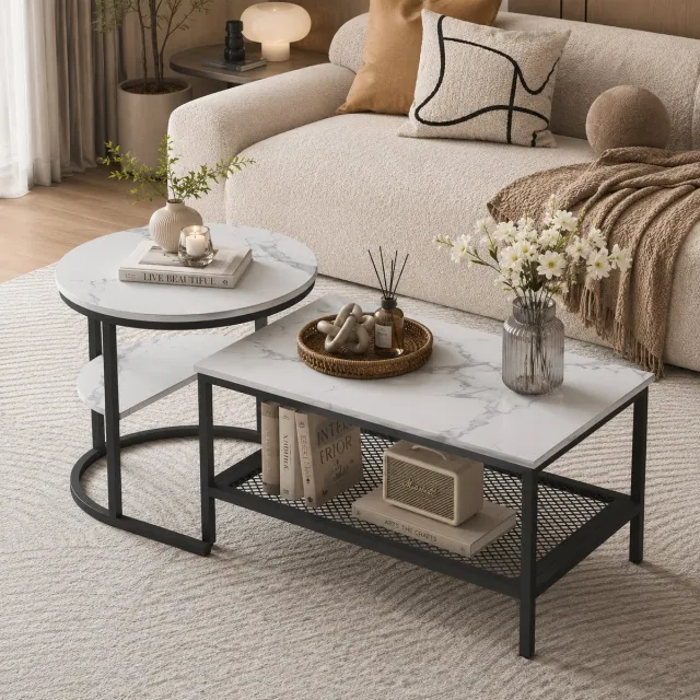 MEXUS Salontafel Vierkante - Set van 2 - schuifbare bijzettafel - met 4 Niveaus - bijzettafelset voor woonkamer - Wit Marmerpatroon - 80/52 cm - Metalen frame Zwart
