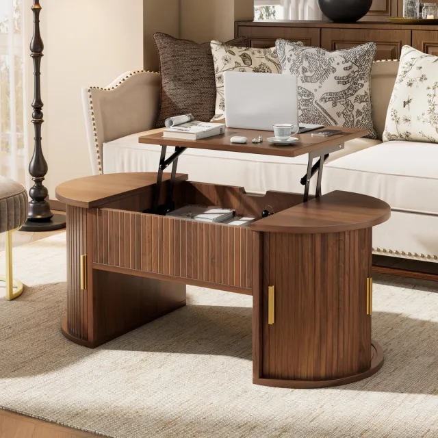 Wishdor Salontafel - Hoogteverstelbaar Met Schuifdeuren En Open Vakken - Modern Retro - Woonkamer - MDF - Walnoot - 100 X 50 X 40,5 Cm Notenhout