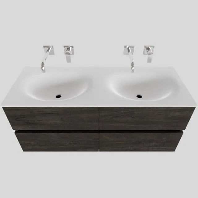 Boss & Wessing Badkamermeubel Solid Surface BWS Stockholm 120x46 cm Dubbel Wood Dark Brown 4 Laden (0 kraangaten) Houtlook
