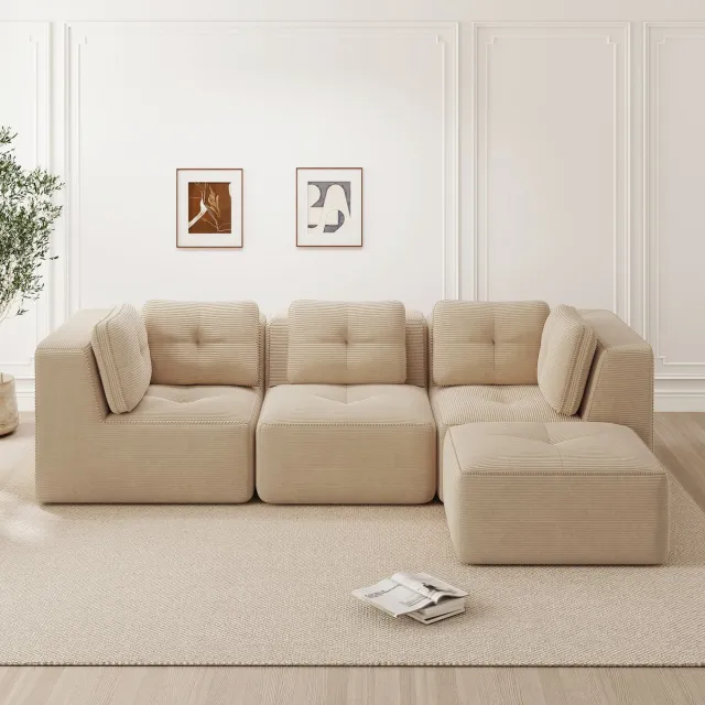 Merax L-vormige hoekbank - modulaire hoekbank - met voetenbank - corduroy - driezitsbank - woonkamer - diepe zitting - beige