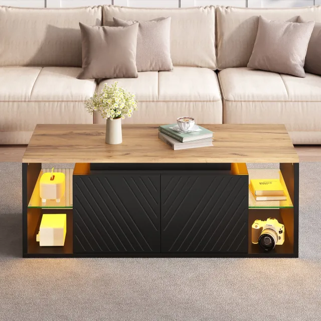 VVBV Salontafel met Opbergruimte 100x50x41 cm – App-Bediening, 2 Lades, LED-Verlichting, USB, 2 Deuren, Open Vakken, Houtlook – Salontafel met Lade Zwart
