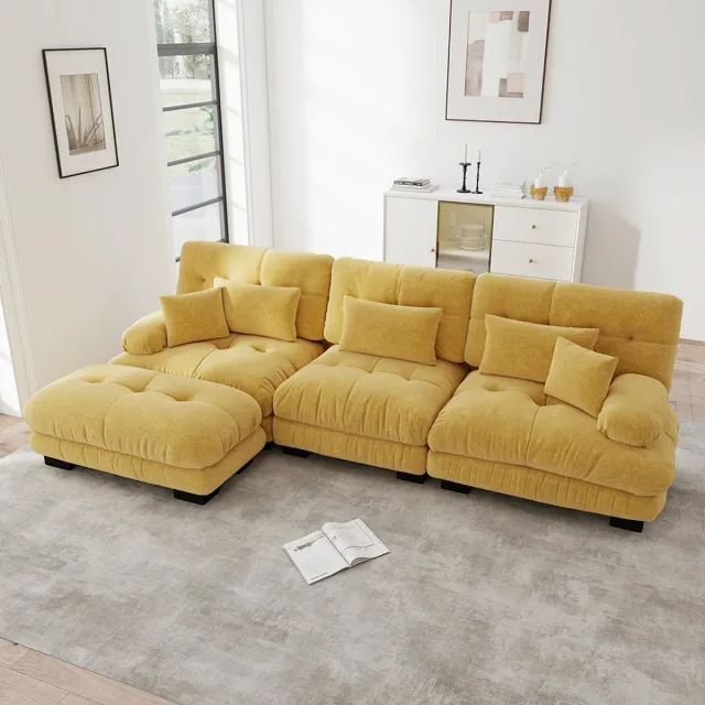 KOMHTOM Luxe modulaire hoekbank – Reusachtige L-vormige Cloud-bank voor de woonkamer, Diepe slaapbank met chaise longue, Cordé, Geel