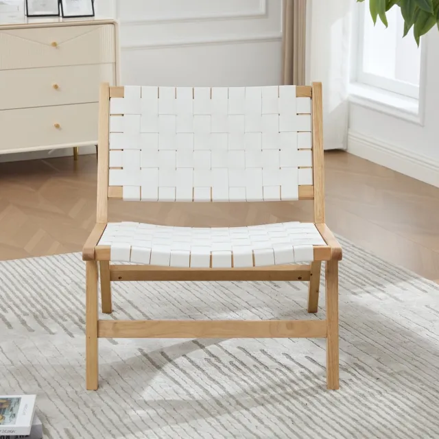MODENUIT Fauteuil 71 x 66 x 72 cm - Geweven Zonder Armleuningen - Binnen en Buiten - Hout en Kunstleer - Wit